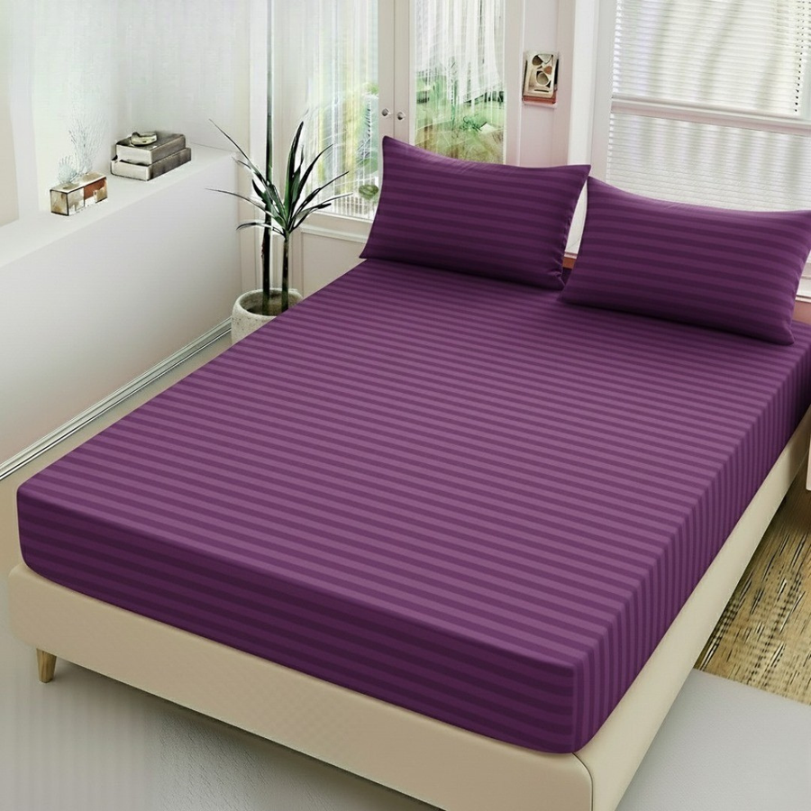 Deep Purple Striped 3 Piece Fitted Bedsheet Set